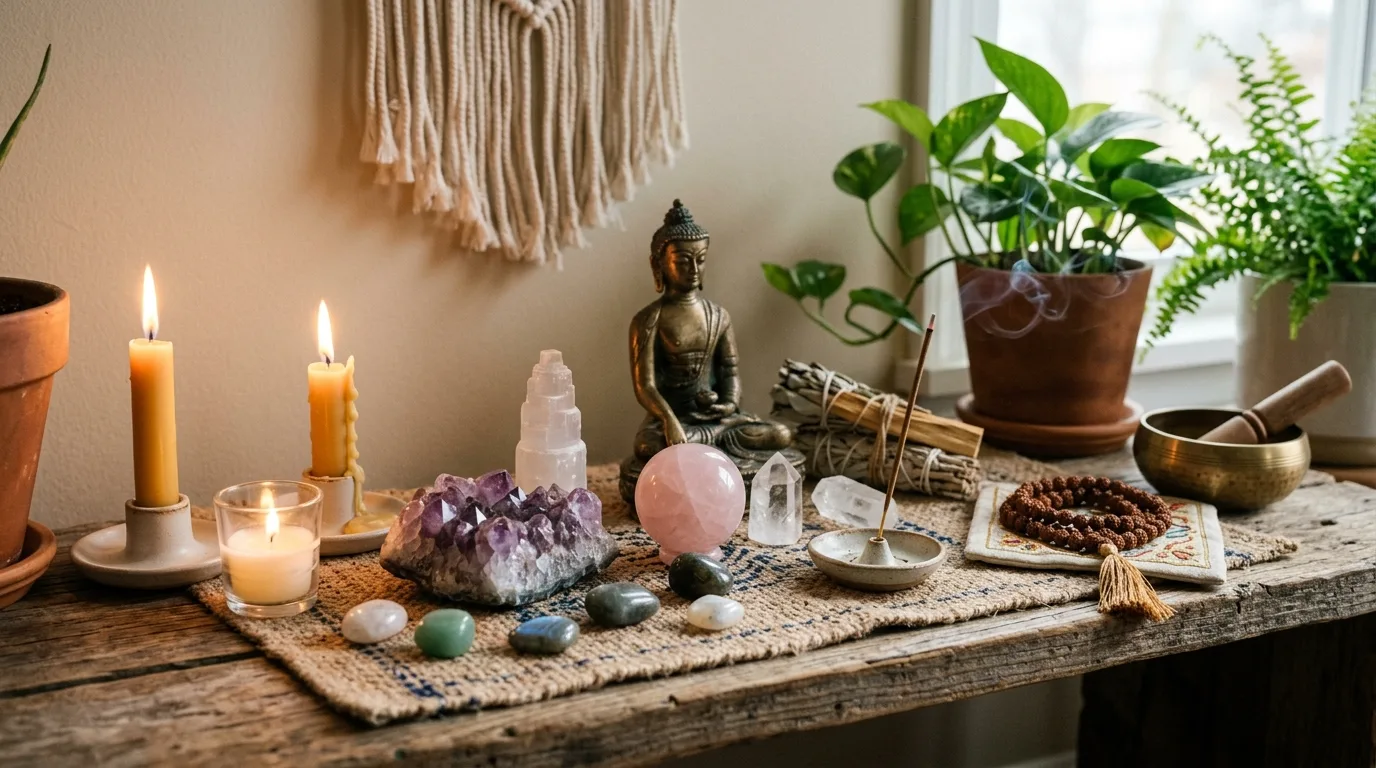 Bring in wood stone or linen for grounded texture inspiration for a meditation space.